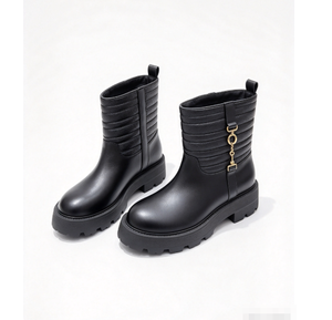 Botas negras de media pantorrilla para mujer, con plataforma, punta redonda, sin cordones, de PU, para otoño, botines, pantuflas peludas, pantuflas de novia, zapatos suaves - Product Image 4