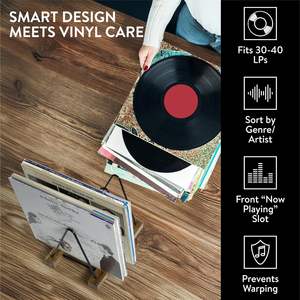 Grand support de rangement pour disques vinyles en bois d'acacia - <span class=keywords><strong>Porte</strong></span>-LP avec base anti-rayures - Présentoir pour collection d'albums - Product Image 5