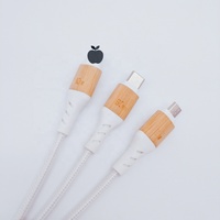 Kabel Pengisi Daya 3-in-1 Bambu dengan Logo Terukir Khusus, Kabel Multi USB Pengisian Cepat 65W Tipe-C, Hadiah Promosi Ramah Lingkungan