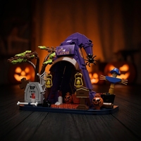 Ensemble de construction de maison chapeau de sorcière d'Halloween, scène effrayante avec arbre, pierre tombale, épouvantail, citrouille, briques, décoration DIY, cadeau2