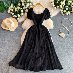 <span class=keywords><strong>Vestido</strong></span> de verano para mujer con cuello <span class=keywords><strong>cuadrado</strong></span>, mangas abullonadas, plisado y abertura en la cintura - Product Image 3