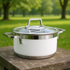 Casseruola bianca da 1250 ml con coperchio in vetro, rotonda in acciaio inox per cucinare e servire - Product Image 3