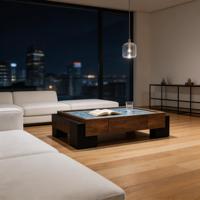 Table basse décorative de luxe avec plateau bleu texturé, cadre en bois, pieds noirs en bloc, table d'appoint contemporaine