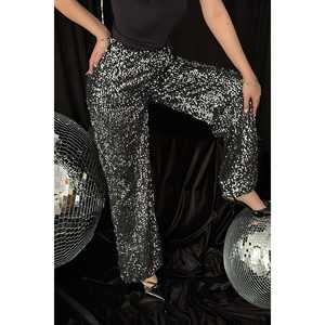 Wholesale Canvas <b>Trousers</b> Elastic High-Waist <b>Black</b> Silver <b>Sequins</b> Loose Fit Formal Pattern Autumn XL Breathable Colored-Wash - Product Image 6