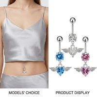 Anneaux de nombril pendulants en forme d'ailes d'ange avec strass en cristal, en acier inoxydable chirurgical plaqué argent, cadeau de mariage