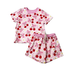DH ODM Neues Design Maßgefertigte Kirsch-Bambus Weiche Atmungsaktive Lässige Kurzarm-Frühlings-2-Teilige Pyjamas für Mädchen Bekleidungssets - Product Image 4