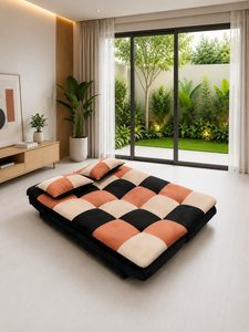 Canapé-lit contemporain en velours avec motif à carreaux en noir, marron et beige pour salon - Product Image 4