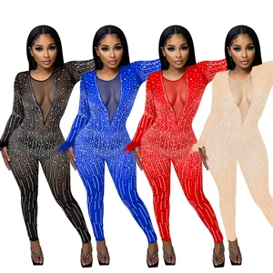 Kadınlar siyah kırmızı örgü şeffaf parlak elmas taklidi spandex streç uzun kollu bodysuit performans rhinestone uzun tulum