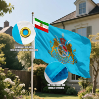 Drapeau personnalisé de l'Iran impérial 3x5 pieds, bleu royal, standard Pahlavi, avec lion et couronne, pour la décoration du patrimoine persan