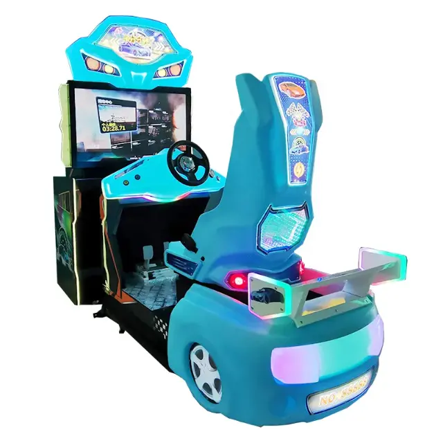 Mesin Game mobil Simulator dioperasikan koin biru dan kuning untuk anak-anak permainan pendorong koin Arcade