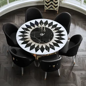 Luxe Europese Modern Design Zwarte Ronde Mable Eettafel Set 4 Seater 6 Stoelen Eetkamer Sets Meubels Eetkamer stoelen