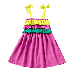 Custom Milk Silk Girls Spaghetti Strap Ruffle Tiered <b>Dress</b> Bow Shoulder OEM Kids Summer <b>Dress</b> - Product Image 1