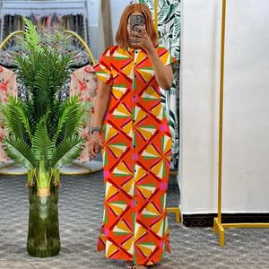 Abiti Estivi Alla Moda per Donne Taglie Forti, Elegante <span class=keywords><strong>Vestito</strong></span> Lungo Casual con Colletto Alto, Maniche Corte e Spacco, Abito Camicia Stampato - Product Image 4