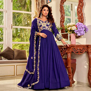 <b>Women</b> Indian Ethnic Blue Embroidered Anarkali Gown <b>Suit</b> Set Floor-Length Loose Fit Traditional <b>Wedding</b> <b>Dress</b> with Dupatta - Product Image 1
