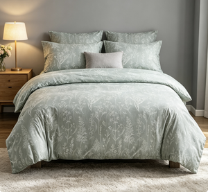 Ensemble de <span class=keywords><strong>housse</strong></span> de couette Tokokimo 155x220 2 pièces en microfibre 1x <span class=keywords><strong>housse</strong></span> de couette + 1 taie d'oreiller <span class=keywords><strong>80x80</strong></span> fermeture éclair Motif floral Branches Sauge - Product Image 1