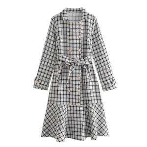 White and black color plaid pattern sashes double breasted long sleeve casual ladies tweed dress