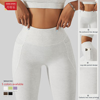 Celana Yoga wanita, Legging Fitness Gym pinggang tinggi 4 cara peregangan kontrol perut celana Yoga dengan saku pola Solid