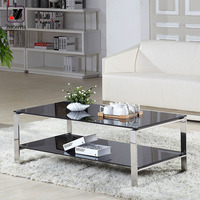 Ensemble de table basse moderne de luxe noir avec structure en acier inoxydable et plateau en verre trempé, certifié ISO, pour salon et hôtel, garantie 5 ans