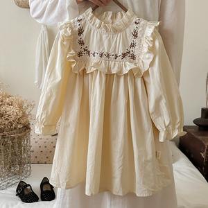 Gaun Anak Perempuan Katun Model Retro Bordir Bunga Aksen Ruffle Kerah Tegak Gaya Musim Gugur 2025 - Product Image 5