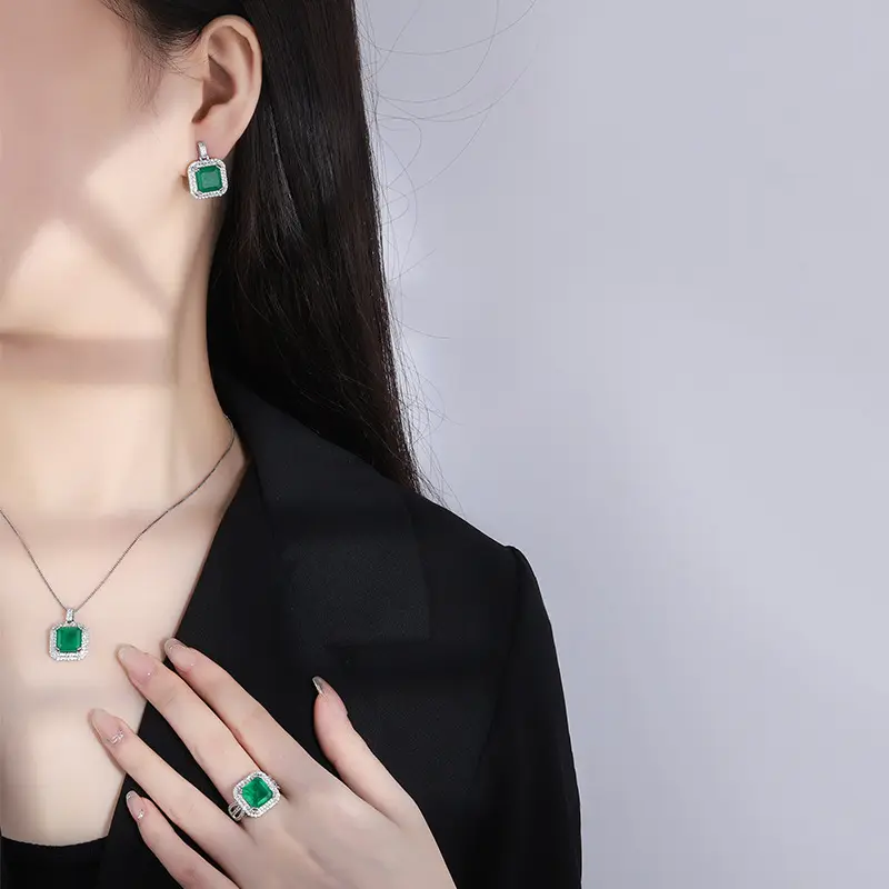 Vintage Square Emerald Gemstone Earrings Necklace Pendant rings Silver Color Wedding Party Jewelry Sets for Women