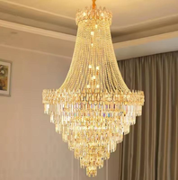 Lustre LED long en fer et cristal doré de luxe, grand modèle, style Mid-Century Modern, pour escalier, pour projets architecturaux hôteliers