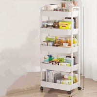 Chariot de rangement multi-niveaux à bas prix avec roulettes et corps en plastique, mobile, adapté à la cuisine et à la salle de bain.