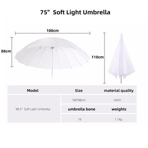 Ombrello fotografico KAMPHO 16-Rib da 75 pollici/180 cm, bianco traslucido, per illuminazione da <span class=keywords><strong>studio</strong></span>, luce morbida. - Product Image 6