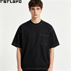 Oem Odm Contrast Stitch <b>T</b> <b>Shirt</b> Men Black Crew Neck Oversized Drop Shoulder Chest <b>Pocket</b> Streetwear Y2K Casual Wholesale Bulk - Product Image 1