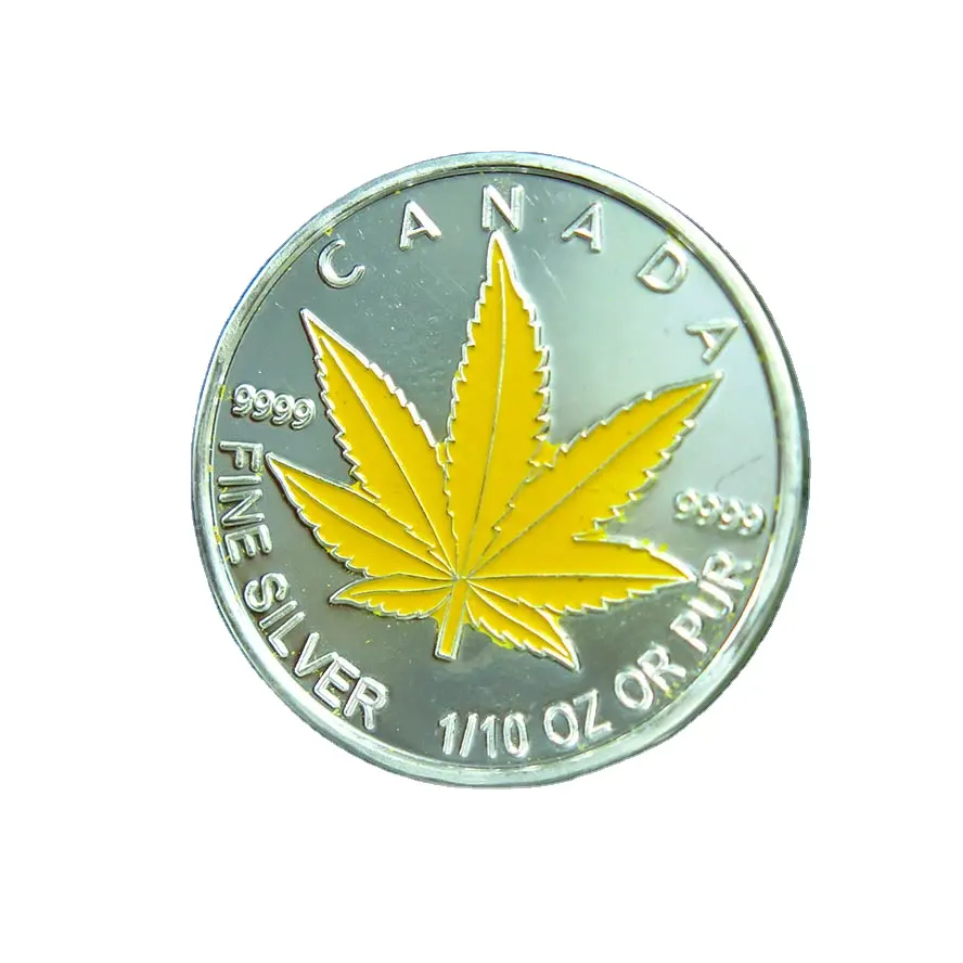 1/10 Oz Originele Fijne Zilveren Marihuana Gele Ronde Munt C52