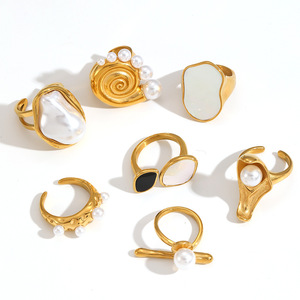 Pearl <b>Rings</b> 18k Gold Plated <b>Titanium</b> Steel Irregular Asymmetrical Geometric Design For Women Everyday Wear - Product Image 4