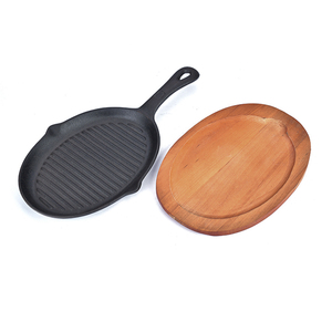 2 in 1 Cooking Cookware Frying Skillet Cast Iron <strong>Grill</strong> Pizza <strong>Pan</strong> With Wooden Board - Product Image 2