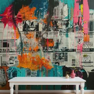 Street Art Urban Collage de journaux déchirés jumelé avec Vibrant Graffiti Art Mural Wallpaper - Product Image 3