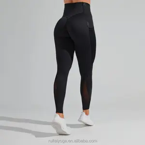 Üretici toptan özel spor salonu spor giyim sıkıştırma naylon Spandex kadınlar siyah Mesh ezme Butt spor tayt cepler ile