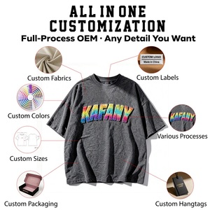 T-Shirt Kafany Streetwear Lourd Vintage Délavé Uni Coupe Ample Courte Oversize Effet Vieilli pour Hommes - Product Image 4