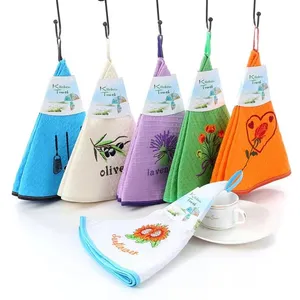 Wholesale Embroidered Cotton waffle design round kitchen towel with Hanging Loop lint dishcloth for kitchen