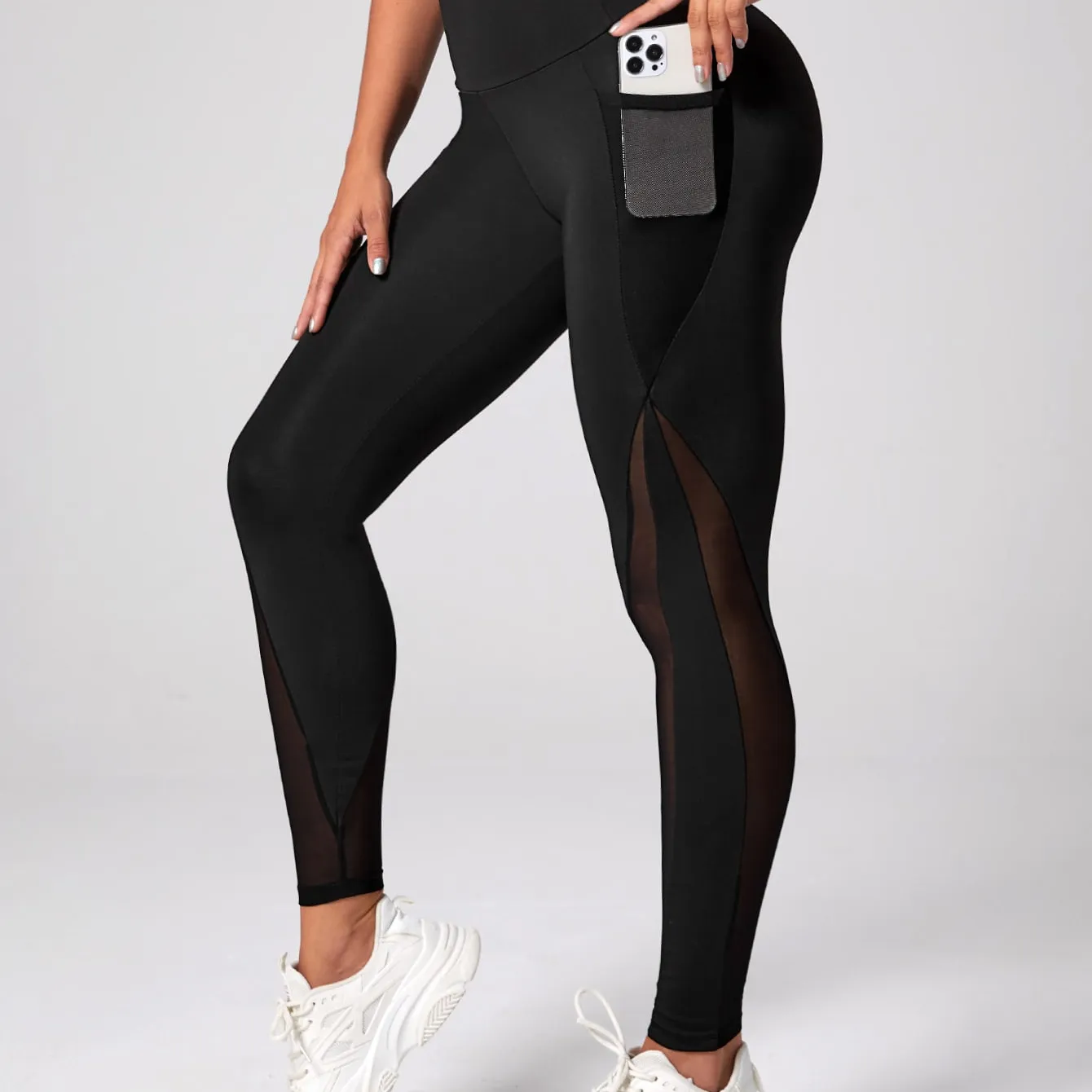 Hot selling Sexy mesh unique style Tummy Control high waist Women Black Slim Fitness push up Leggings with side pocket