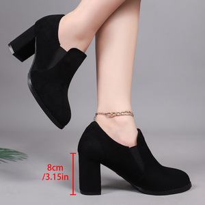 รองเท้าส้นเตี้ยทรงหัวแหลมสไตล์อังกฤษ หนังกลับแบบเรโทร ไซส์ใหญ่ ปากรองเท้าลึก ส้นหนา สำหรับผู้หญิง ฤดูใบไม้ร่วง - Product Image 4