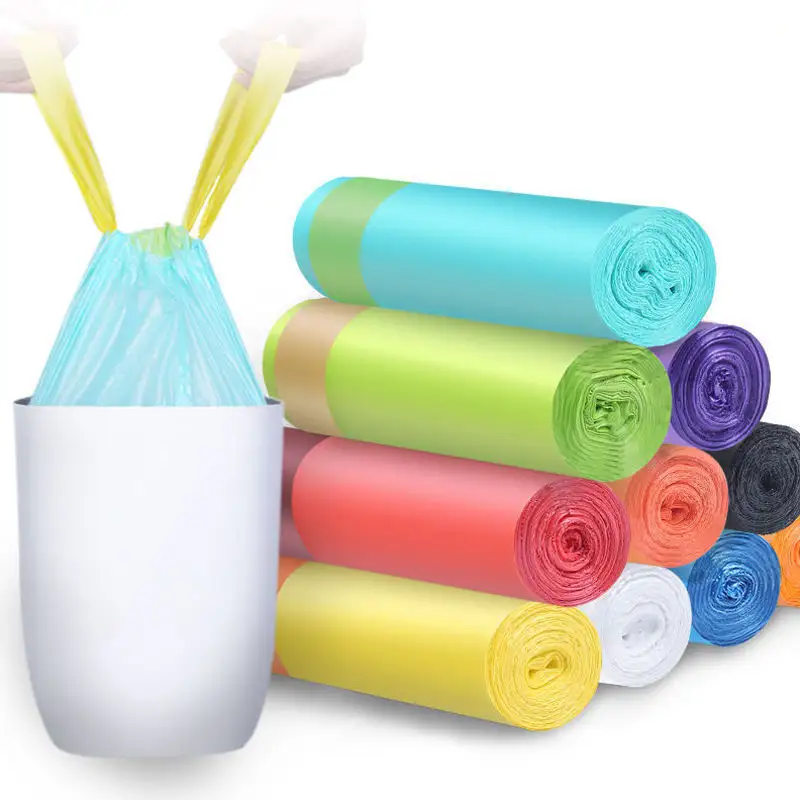ถุงขยะแบบมีเชือกผูกสำหรับใช้ในบ้านถุงขยะแบบใช้แล้วทิ้งสีหนาแบบพกพาปิดอัตโนมัติ