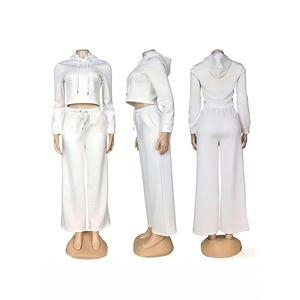 Conjunto Feminino Cropped Hoodie Plus Wide Leg Pants Solid Color Casual Style European American Look <b>Set</b> - Product Image 1