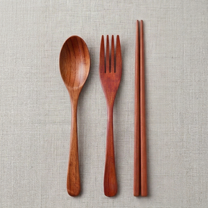 Ensemble cuillère, fourchette et baguettes en bois, design minimaliste, poli à la main, réutilisable, pour le camping - Product Image 1