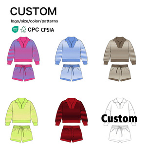 Tenues assorties maman et moi en coton rayé French Terry avec logo personnalisé, vêtements décontractés d'automne, prix d'usine US - Product Image 1