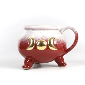 Mug Stoneware Glasir Reaktif dengan Mug Kopi Matahari dan Bulan Besar Keramik Grosir Mug Merah dan Putih