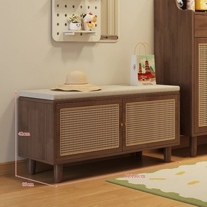 Panca Portascarpe Moderna <span class=keywords><strong>in</strong></span> Rattan Naturale con Armadietto Contenitore per Soggiorno e Anta Ventilata - Product Image 2