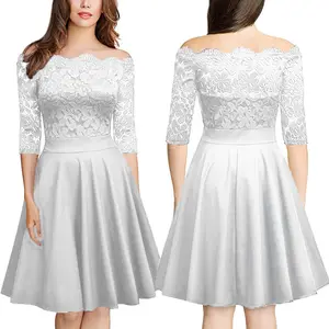 Womens Elegant Sexy Lace off the shoulder Tunic Casual Club Bridesmaid Mother of Bride Dress Skater A-Line Party