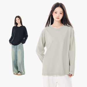 <span class=keywords><strong>Camiseta</strong></span> <span class=keywords><strong>de</strong></span> manga larga para <span class=keywords><strong>mujer</strong></span>, nueva colección otoño 2026, informal, <span class=keywords><strong>de</strong></span> algodón peinado grueso, sin arrugas, corte holgado, color liso. - Product Image 3