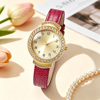 Montre-bracelet à quartz pour femme W225 avec lunette ronde en strass, boîtier doré, bracelet en similicuir, montre élégante pour femme, vente en gros