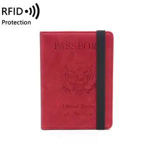 Porta pasaporte de viaje banda elástica con logotipo personalizado de cuero PU RFID EE. UU.