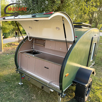WECARE Remorque de camping légère 290*210*210cm Petite remorque de camping pour 2 personnes Caravane de camping Remorque en forme de larme avec zone de repos et zone de cuisine