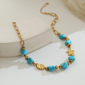 Collar de Cuentas de Turquesa Agrietada <span class=keywords><strong>Irregular</strong></span> Estilo Bohemio Vintage con Estrella de Mar y Concha, Joyería Impermeable de Acero Inoxidable para Vacaciones <span class=keywords><strong>en</strong></span> el Océano - Product Image 3
