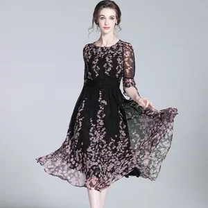 Summer Fine Printed Silk Ruffled Dress Ladies High-End V-Neck Silk Dress 100% Mulberry Silk Elegant Dresses Women